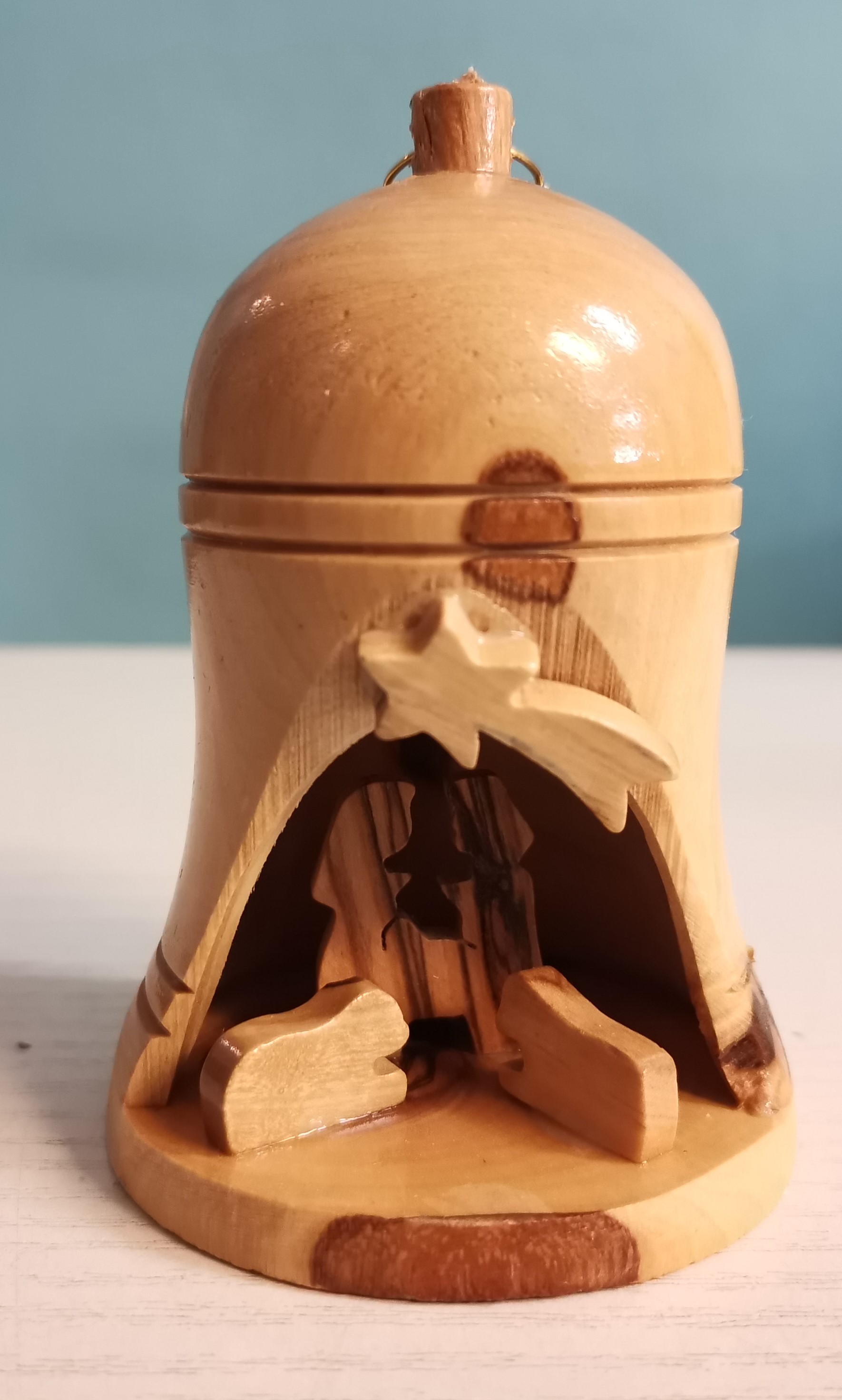 GrosseGlocke9cm Große Glocke aus Olivenholz mit Heiliger Familie - 9 cm