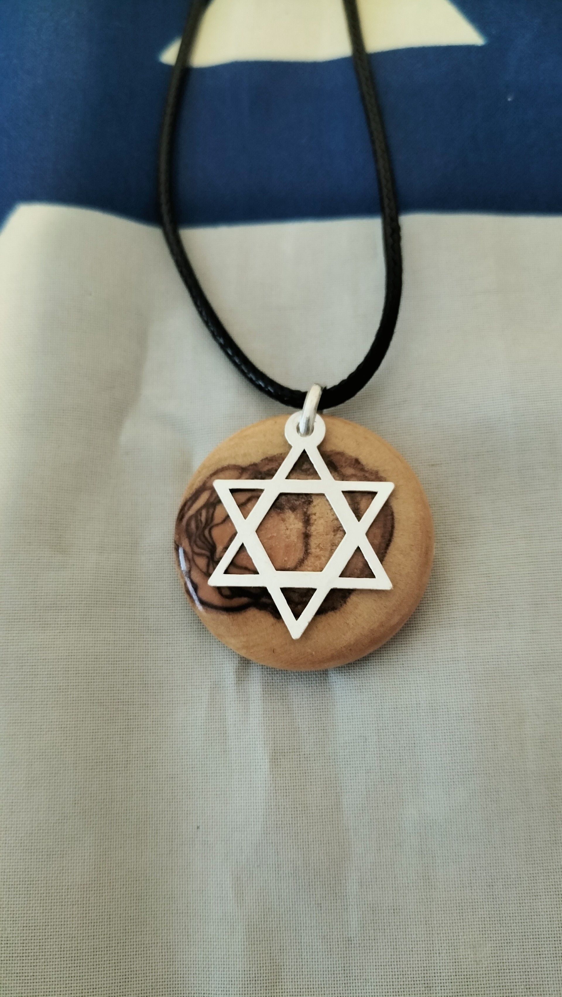 Anhänger Davidstern mit rundem Olivenholz, Sterling Silber 925