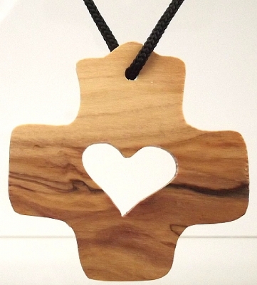 Kette Kreuz mit Herz - Olivenholz