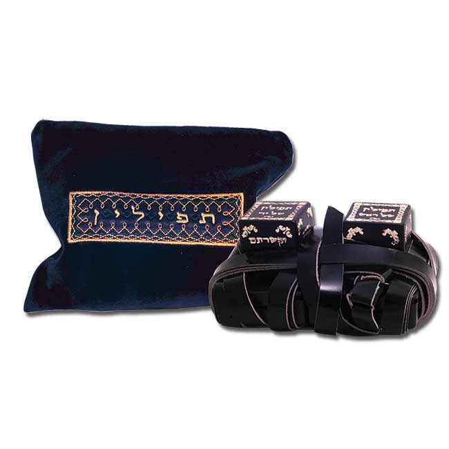 Tefillin / Tefilin - Exklusive Leder-Gebetsriemen mit blauer Tasche