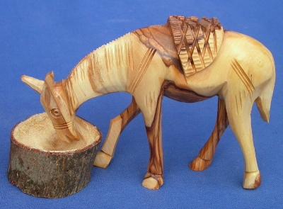 Olivenholz-Esel mit Tränke, ca. 9 cm