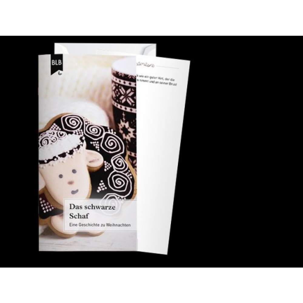 KarteSchwarzeSchaf Briefhülle und Karte mit Bibelvers: "Das Schwarze Schaf" (Set ab 20 Stück)