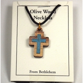 Halskette Kreuz mit farbiger Füllung (blau) - Olivenholz