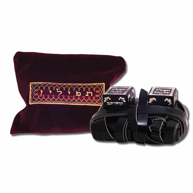 Tefillin / Tefilin - Exklusive Leder-Gebetsriemen mit burgunder Tasche