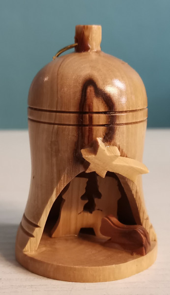 Kleine Glocke aus Olivenholz mit Heiliger Familie - ca. 7 cm
