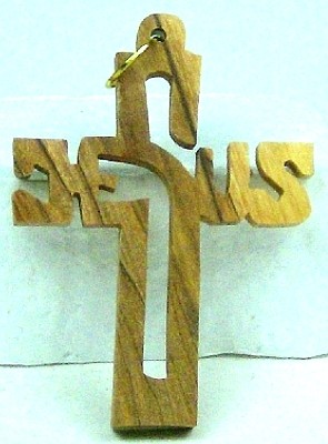 Kettenanhänger Kreuz mit Schriftzug "Jesus" (groß) - Olivenholz
