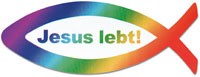 Aufkleber "Fisch" mit Text "Jesus lebt" - regenbogenfarben
