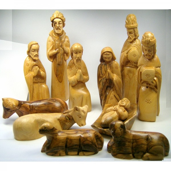 Olivenholz-Krippenfiguren mit Gesichtern, 18 cm hoch